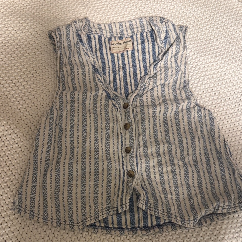 Free People White and Blue Striped Sleeveless Button Front Camisole